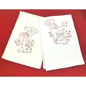 Duck Farm Country Outhouse Kitchen Cotton Tea Towels With Red Embroidery Design